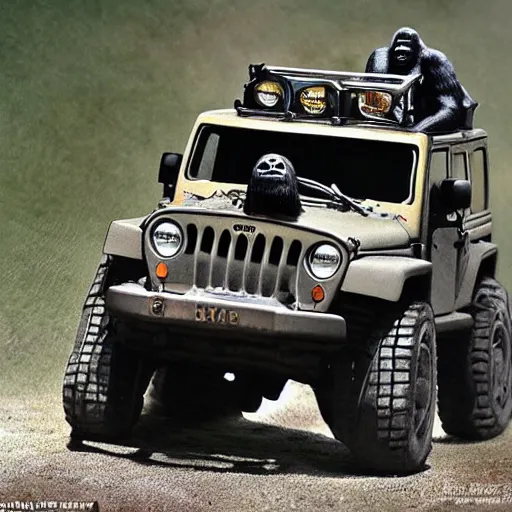 Image similar to gorilla driving a jeep made by banksy