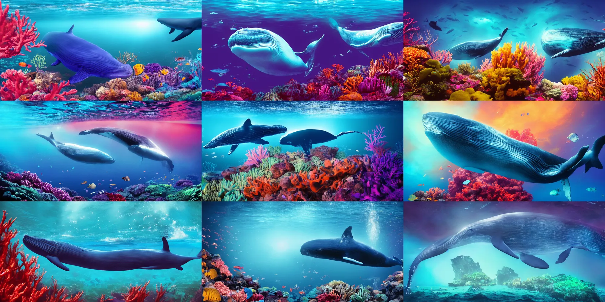 Prompt: a huge whale with bioluminescent skin is swimming in the ocean near a colorful coral reef, underwater, epic, cinematic shot, volumetric light, atmosphere, high definition