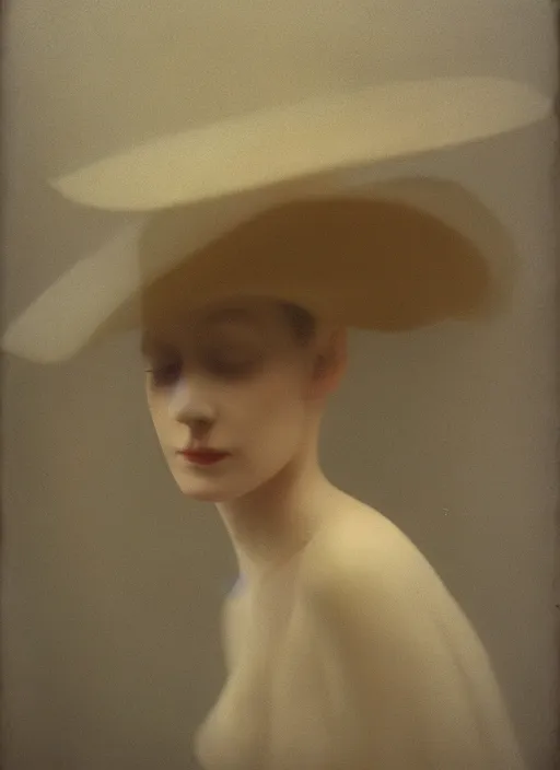 Image similar to out of focus photorealistic portrait of a beautiful pale young woman by sarah moon, tiny nose, wide face, very blurry, translucent white skin, closed eyes, foggy, closeup, with a weird hat