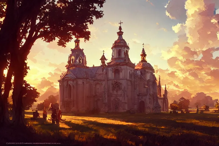 Image similar to a driving ornate baroque church mounted on chainwheels, scene in an open field. key visual, conceptart, ambient lighting, highly detailed, digital painting, artstation, concept art, sharp focus, by makoto shinkai and akihiko yoshida and greg manchess