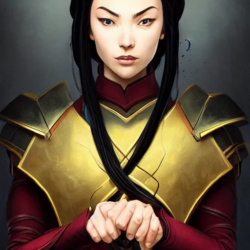 Prompt: Portrait of Azula wearing skintight black leather armor, Avatar the Last Airbender, Dungeons and Dragons, Lord of the Rings, intricate, elegant, highly detailed, digital painting, artstation, concept art, smooth, sharp focus, illustration, art by artgerm and greg rutkowski and alphonse mucha and andrei riabovitchev