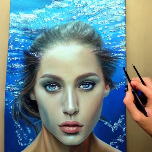 Image similar to hyperrealism oil painting, fashion model portrait underwater