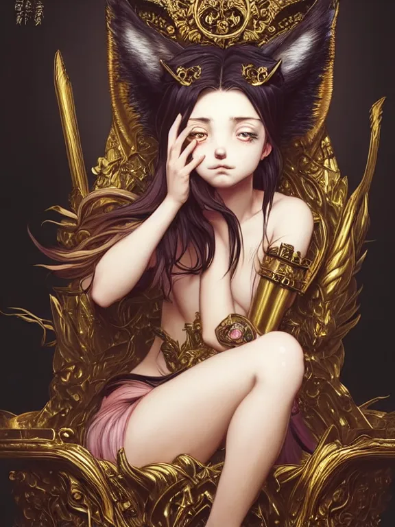 Image similar to full body picture of a girl with wolf ear sitting on the throne, bored, beautiful and aesthetic, intricate, unreal engine, messy hair, highly detailed, detailed face, smooth, sharp focus, chiaroscuro, manga illustration, artgerm, greg rutkowski, ilya kuvshinov, rossdraws, alphonse mucha, young adult light novel cover art