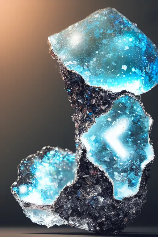 Image similar to very beautiful crystal and geode, shaped like a hand, refraction, cinematic color grading, hyperrealism, elegant, detailed, octane render, 8 k