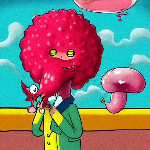 Image similar to a wild fligenmorght with a plumbus in it's mouth standing on a flinglestrain flying through the smifflegroys