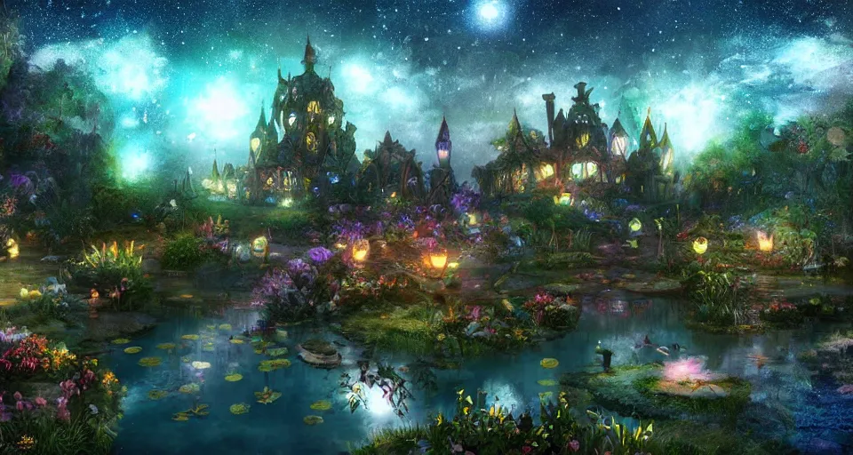 Image similar to a whimsical fairyland with a pond, starry sky, ambient lighting, fantasy art, computer render style art, unreal engine