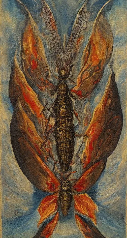 Prompt: bosch painting of a giant moth god of fire, apocalyptic