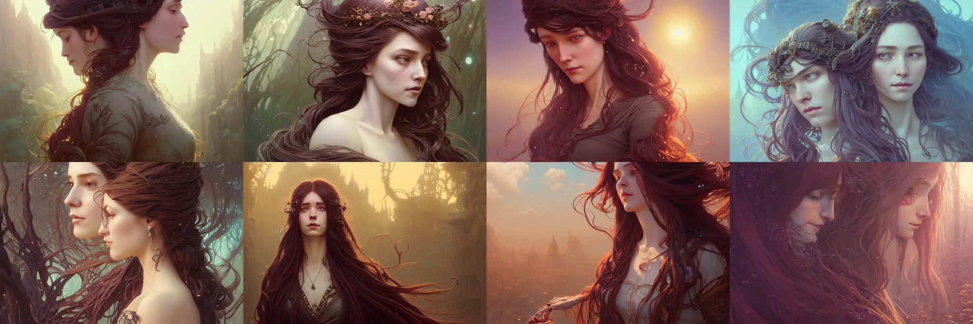 Image similar to highly detailed portrait of a woman with long hairs, stephen bliss, unreal engine, fantasy art by greg rutkowski, art nouveau, loish, rhads, ferdinand knab, makoto shinkai and lois van baarle, ilya kuvshinov, rossdraws, tom bagshaw, alphonse mucha, global illumination, radiant light, detailed and intricate environment