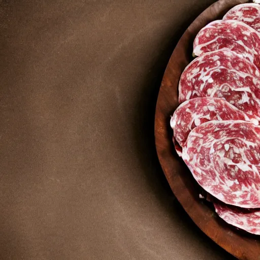 Prompt: a round bench completely covered in salami, studio photography, 5 0 mm