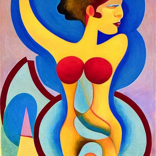 Prompt: woman woman dancing with a triquetta by the ocean while the waves crash on the seashore, high quality art in the style of cubism and geogia o keefe