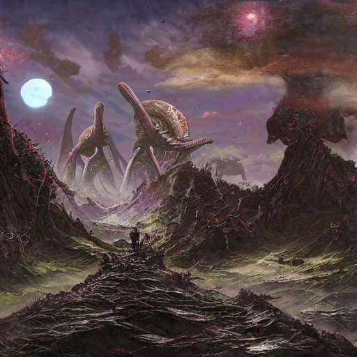 Image similar to aliens on a strange planet, fantasy art, matte painting