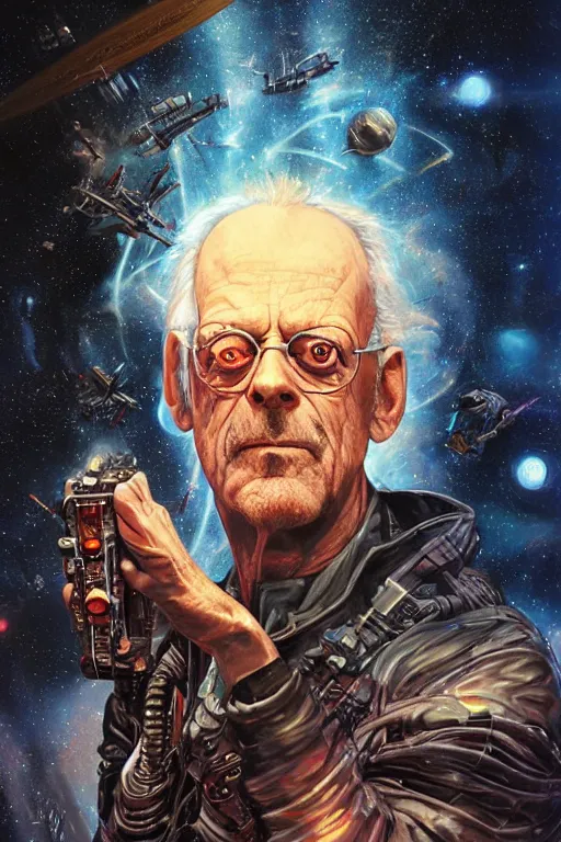 Image similar to Christopher Lloyd is a space pirate, apocalyptic, science fiction, retro cover, high details, intricate details, by vincent di fate, artgerm julie bell beeple, inking, screen print