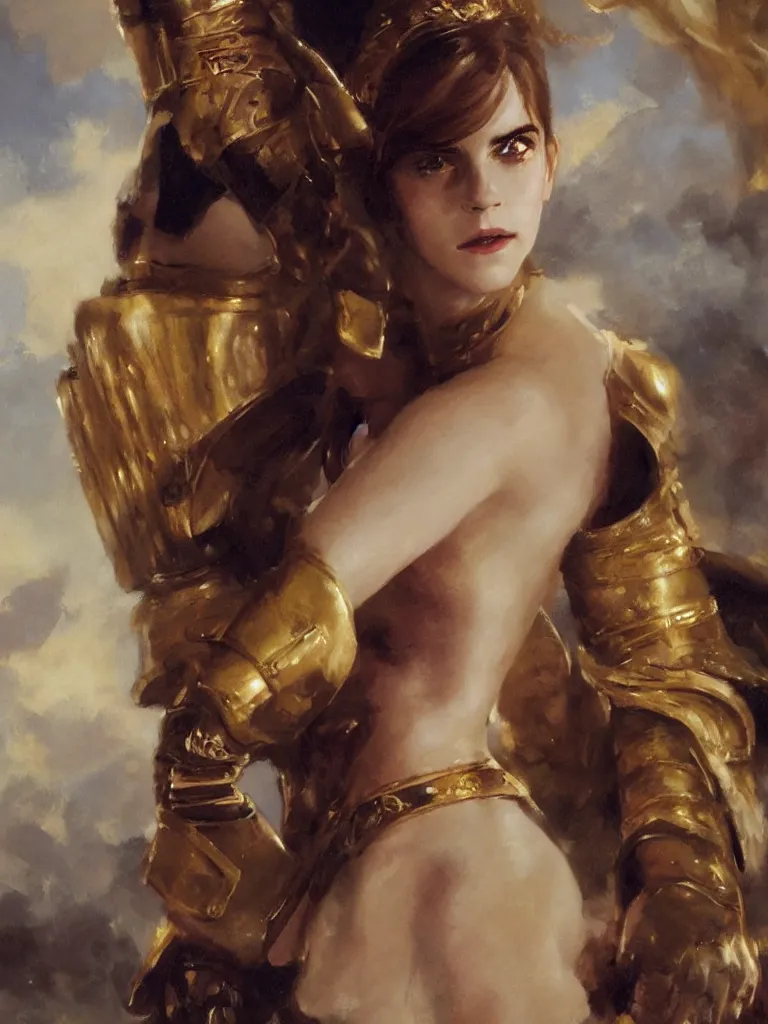 Image similar to close up of emma watson in full leather armor, cinematographic shot, alexander averin and delphin enjolras and daniel f. gerhartz