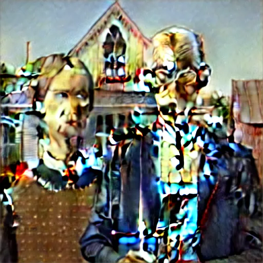 Image similar to kermit and elmo in the style of american gothic by grant wood