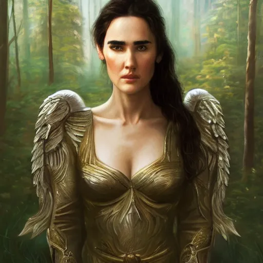 Image similar to A beautiful detailed painting of jennifer connelly as a female angel warrior in a magical forest by john sargent and Kalin Popov , Trending on artstation HD.