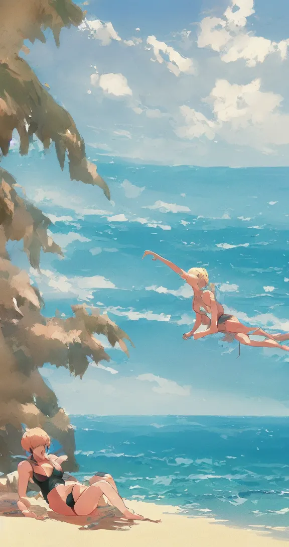 Prompt: Sunbathing at the beach, lots of ocean, uncluttered, tropical, bright, simple, by Studio Ghibli and Greg Rutkowski, artstation