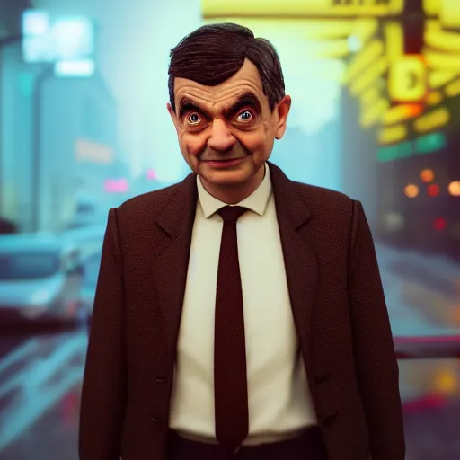 Prompt: a mr bean portrait, rain, neon, beautiful, rendered in octane, unreal engine, cinematic