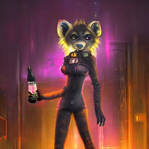 Image similar to digital painting of anthromorphic hyena female smoking cigarrete, fursona, furry fandom, furaffinity, neon rainy cyberpunk setting, anthro, wearing cyberpunk leather jacket, detailed face, blade runner, zootopia style,