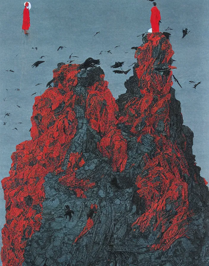 Prompt: worshippers in red robes belonging to the cult of the lighthouse climbing up the rocky cliff where the lighthouse stands, lighthouse, ravens, high detailed beksinski painting, part by adrian ghenie and gerhard richter. art by takato yamamoto. masterpiece, deep colours, blue