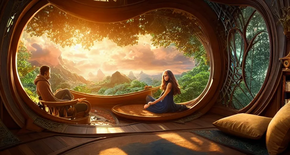 Prompt: An incredibly beautiful scene from a 2022 Marvel film featuring a cozy art nouveau reading nook balcony in a fantasy treehouse interior. 8K UHD.