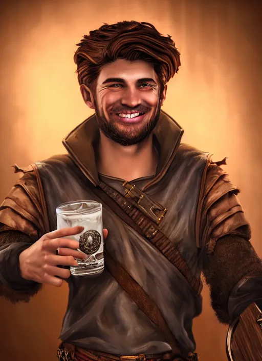 Image similar to An epic fantasy comic book style portrait painting of a handsome young man with brown wavey hair, wearing thief clothing in a tavern and smiling with a wooden tankard in hand, unreal 5, DAZ, hyperrealistic, octane render, cosplay, RPG portrait, dynamic lighting