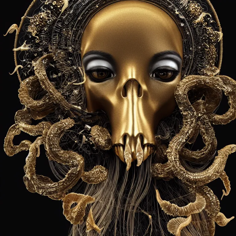 Image similar to black background. goddess princess face close-up portrait ram skull. sculpture made of gold and black charcoal. jellyfish phoenix head, nautilus, orchid, skull, betta fish, bioluminiscent creatures, intricate artwork by Tooth Wu and wlop and beeple. octane render, trending on artstation, greg rutkowski very coherent symmetrical artwork. cinematic, hyper realism, high detail, octane render, 8k