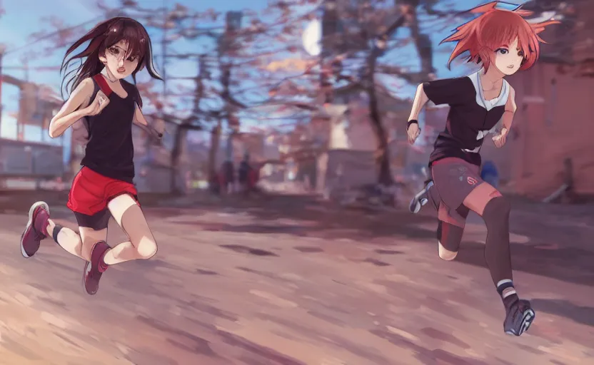 Image similar to anime style, girl is running, red sport clothing, marathon race, brown short hair, hair down, symmetrical facial features, from arknights, gta 5, hyper realistic, rule of thirds, extreme detail, detailed 4 k drawing, safebooru, realistic lighting, by alphonse mucha, greg rutkowski, sharp focus, backlit