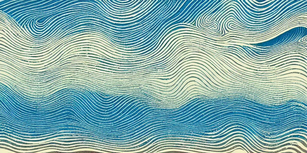 Image similar to clouds and waves, An aesthetically pleasing, dynamic, energetic, lively, complex, intricate, detailed, well-designed digital art of a beach, ripples, waves, sea foam, light and shadow, overlaid with aizome patterns, Shin-hanga by Bob Ross, traditional Japanese colors, superior quality, masterpiece