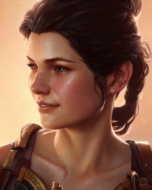 Prompt: Elena Fisher (Uncharted), closeup, D&D, fantasy, intricate, elegant, highly detailed, digital painting, artstation, concept art, matte, sharp focus, illustration, hearthstone, art by Artgerm and Greg Rutkowski and Alphonse Mucha