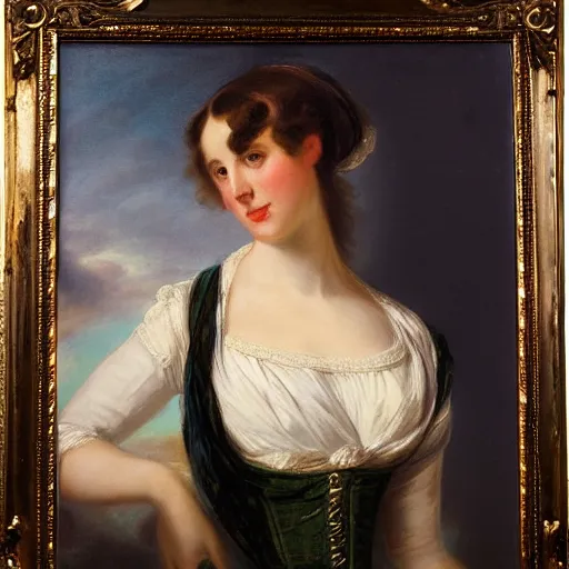 Prompt: a detailed oil painting of a beautiful Regency-era girl by Thomas Lawrence, Empire silhouette, realistic fabric