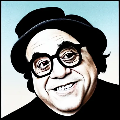 Prompt: danny devito in the style of phil noto, peter mohrbacher, thomas kinkade, artgerm, willa holland, dc comics, symmetrical eyes, city rooftop