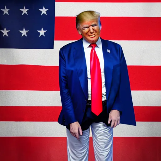 Prompt: Donald Trump in a bikini and wearing the American flag as a cape, 8k, high definition, highly detailed, photorealistic