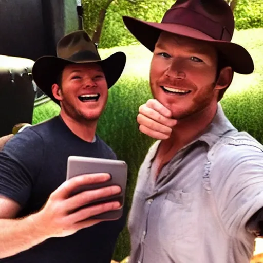 Image similar to chris pratt as indiana jones taking a selfie with an old harrison ford, instagram, cinematic, natural lighting, genuine smile, perfect angle