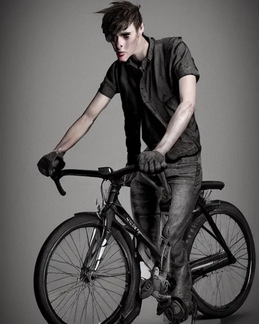 Image similar to Style = digital portrait by Jason Harkness, Carlos Samuel Araya, and Steve Prescott. hyperrealistic portrait lighting, high detail, high quality, realistically proportioned face and facial features, modern aesthetic.; Subject = Tom Cargill, a 24-year old bike courier. long-limbed, lanky build. wide, dark eyes. His aesthetic and vibe are peculiar, carefree, alert, and quick. Tom Cargill is a changeling, abducted by the Fae years ago and twisted to their designs as a prey animal in their sick games. Tom Cargill escaped, but still found his body irrevocably altered by their magic. Tom Cargill is part jackalope.