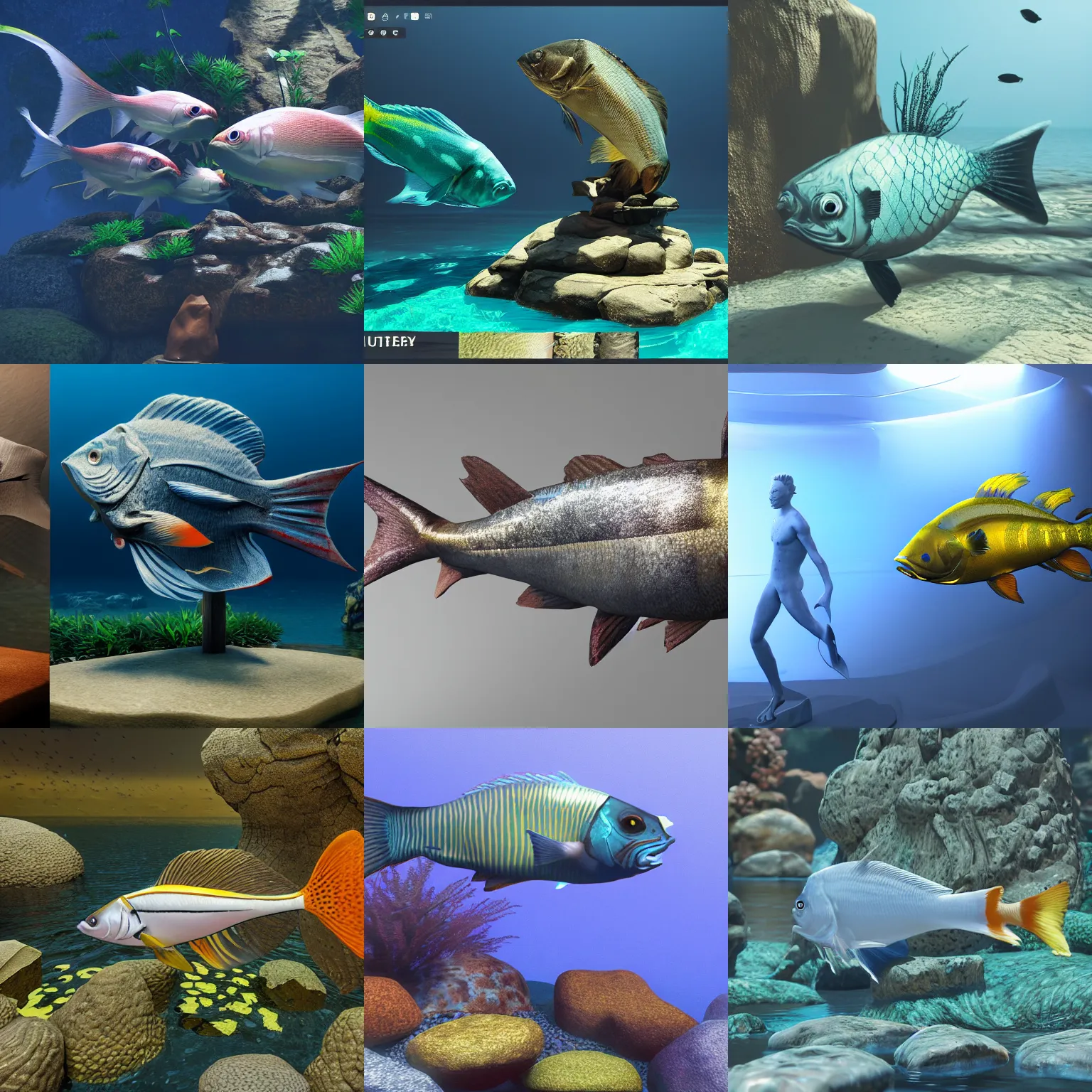 Prompt: fish as statue, raytracing, ultrarealistic, unreal engine