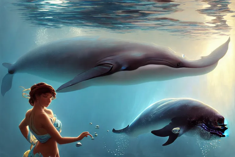 Image similar to painting of under the water, underwater world, hyper detailed cg rendering of a cute girl and whale, elegant, highly detailed, digital painting, artstation, concept art, smooth, sharp focus, illustration, art by artgerm and greg rutkowski and alphonse mucha, 8 k