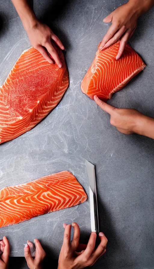 Prompt: lovely afternoon dappled sunlight photograph: top down view of two hands preparing salmon glowing with projection-mapped glowing ruler lines notating the meat volume like a graduated cylinder, slicing a cut of salmon, laser projector shining a bright line of a glowing hologram notation of where to cut