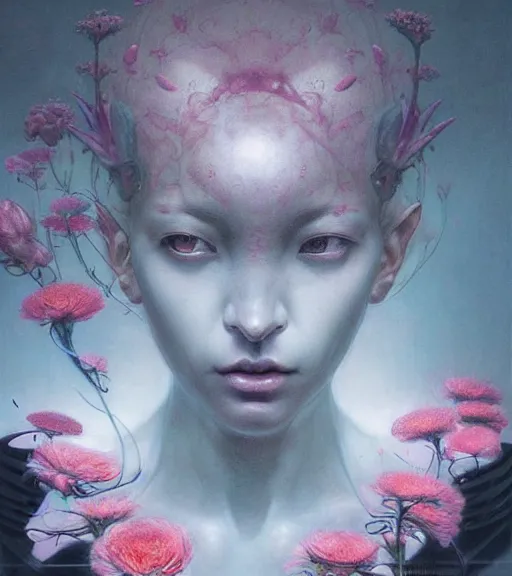 Prompt: portrait, beautiful madness, flowers by wayne barlowe, toru kamei, artgerm and greg rutkowski, tanaka suguru, itsuko azuma, kinuko y. craft, mysterious, abstract aesthetic!!! hyper detailed