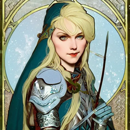 Prompt: half length portrait of a handsome snow elf in a turquoise cape and silver armour, armed with bow and arrow, albino skin, winter vibes, elegant, very coherent symmetrical artwork, rule of thirds, by ralph hosley and alphonse mucha and charlie bowater, sharp focus, trending on artstation