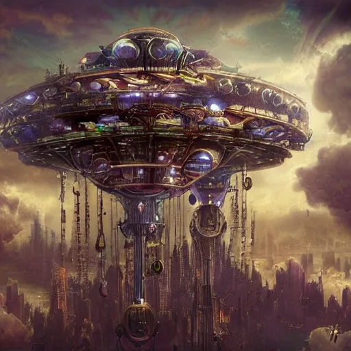 Prompt: flying city in a mechanical flower, flying city, detailed, sky, fantasy art, steampunk, masterpiece