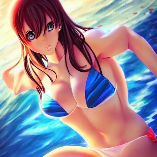 Image similar to beautiful anime dream girl in a bikini on the beach drawn by artgerm