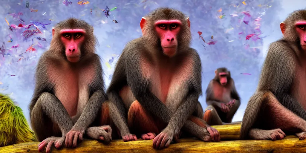 Image similar to colorful baboons sitting side by side starring directly into the camera with colorful feather background, highly detailed, intricate, digital painting, trending on artstation, concept art, matte painting, art by greg rutkwowski, craig mullins, octane render, 8 k, unreal engine