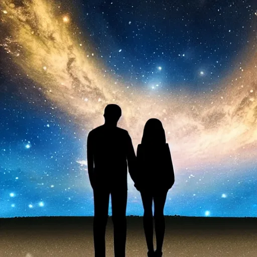 Image similar to Romantic couple, holding hands, view from behind, staring at a night sky, high definition digital art,