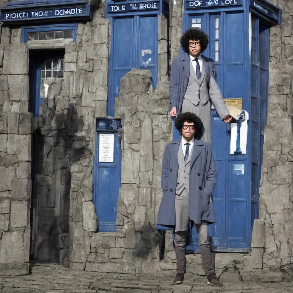 Image similar to Richard Ayoade as the Doctor, in front of the TARDIS