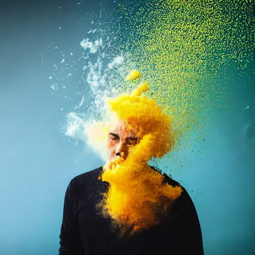 Image similar to a man dissolving in colorful powder explosion.