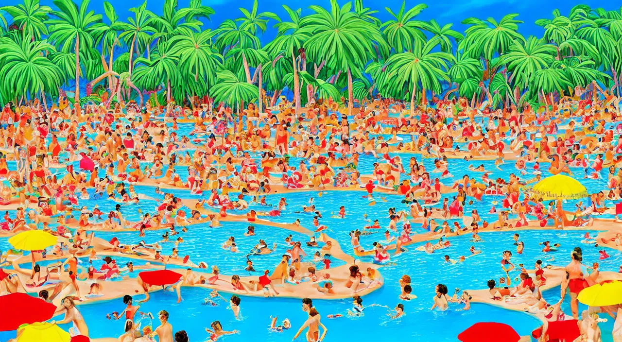 Prompt: where’s waldo, a beautiful day at a tropical pool,colorised,photograph