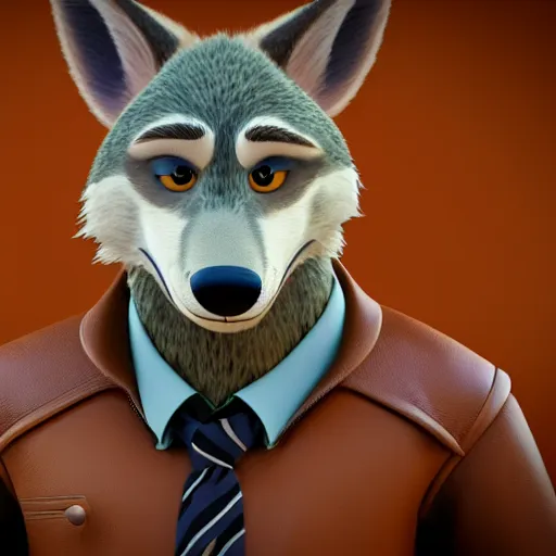 Image similar to far shot, 3d render , anthropomorphic wolf male , wearing along brown leather jacket , in the style of Zootopia