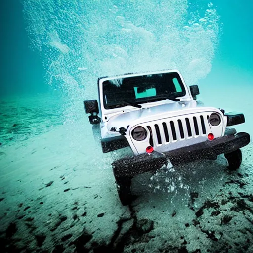 Prompt: eerie murky underwater photo of an upside - down jeep sinking down. bubbles. 4 k.