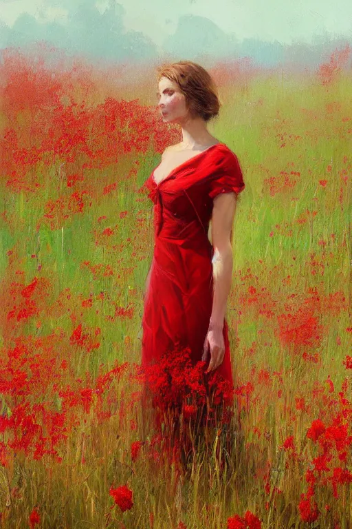 Prompt: a painting of a woman in a branch dress standing in a field of red flowers by craig mullins, trending on artstation, color field, concept art, artstation hd, matte drawing
