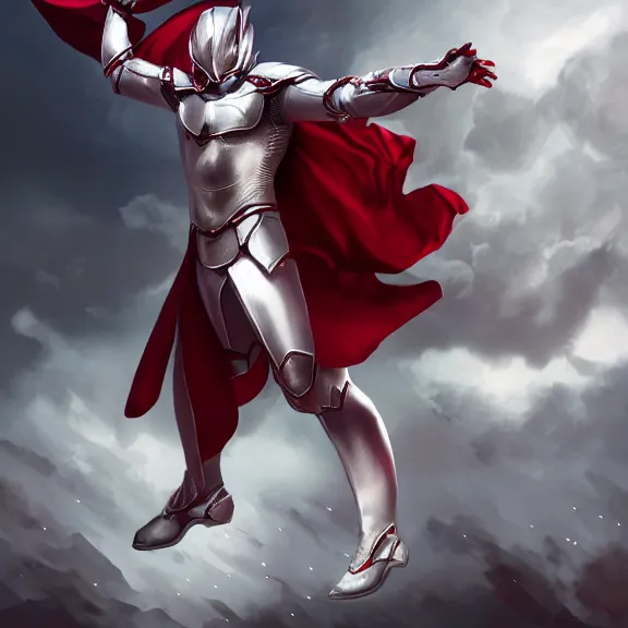 Prompt: cinematic full body shot of a male angel flying, white metallic armor, red cape, elegant pose, detailed arms, detailed white armor, two arms, two legs, detailed fanart, rpg art, d&d art, macro art, digital art, DeviantArt, artstation, 8k HD
